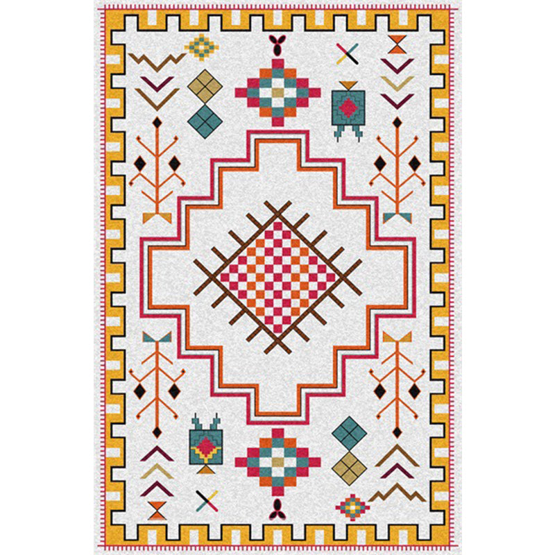 Southwest Living Room Rug in Ivory Tribal Diamond Check Print Rug Polyester Non-Slip Back Rug