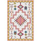 Southwest Living Room Rug in Ivory Tribal Diamond Check Print Rug Polyester Non-Slip Back Rug
