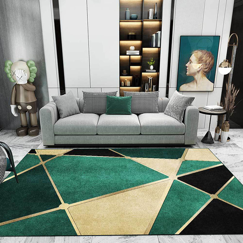Green Bedroom Rug Modern Color Block Irregular Shape Pattern Area Rug Polyester Non-Slip Backing Rug
