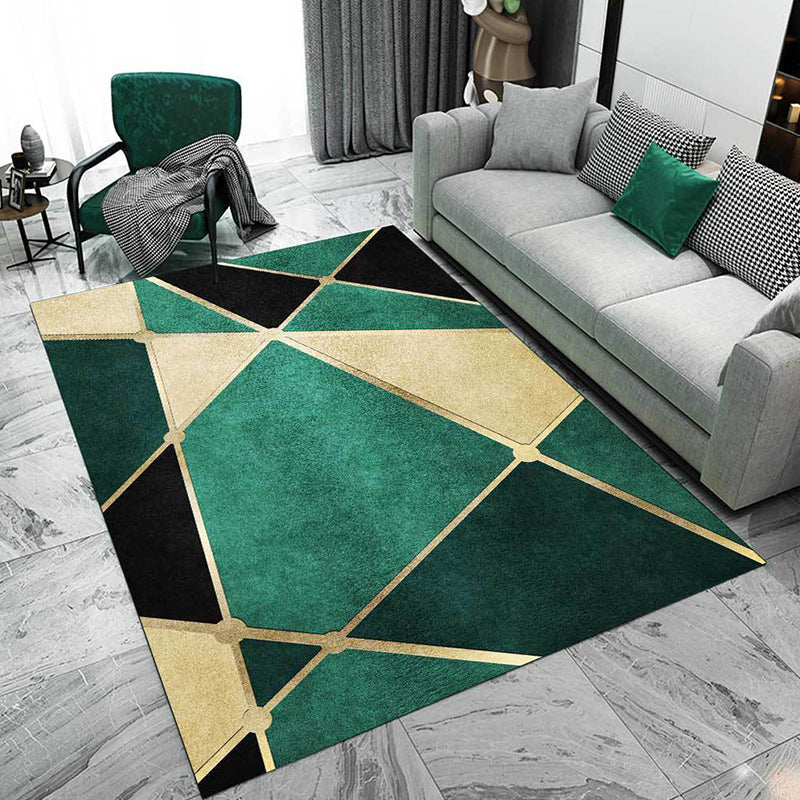 Green Bedroom Rug Modern Color Block Irregular Shape Pattern Area Rug Polyester Non-Slip Backing Rug