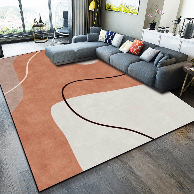 Orange Bedroom Rug Novelty Color Block Irregular Shape Line Pattern Rug Polyester Stain Resistant Rug