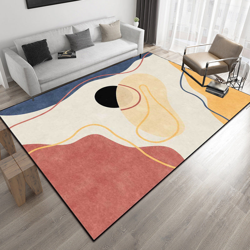 Ivory Bedroom Carpet Novelty Color Block Striped Pattern Area Rug Polyester Non-Slip Back Washable Rug