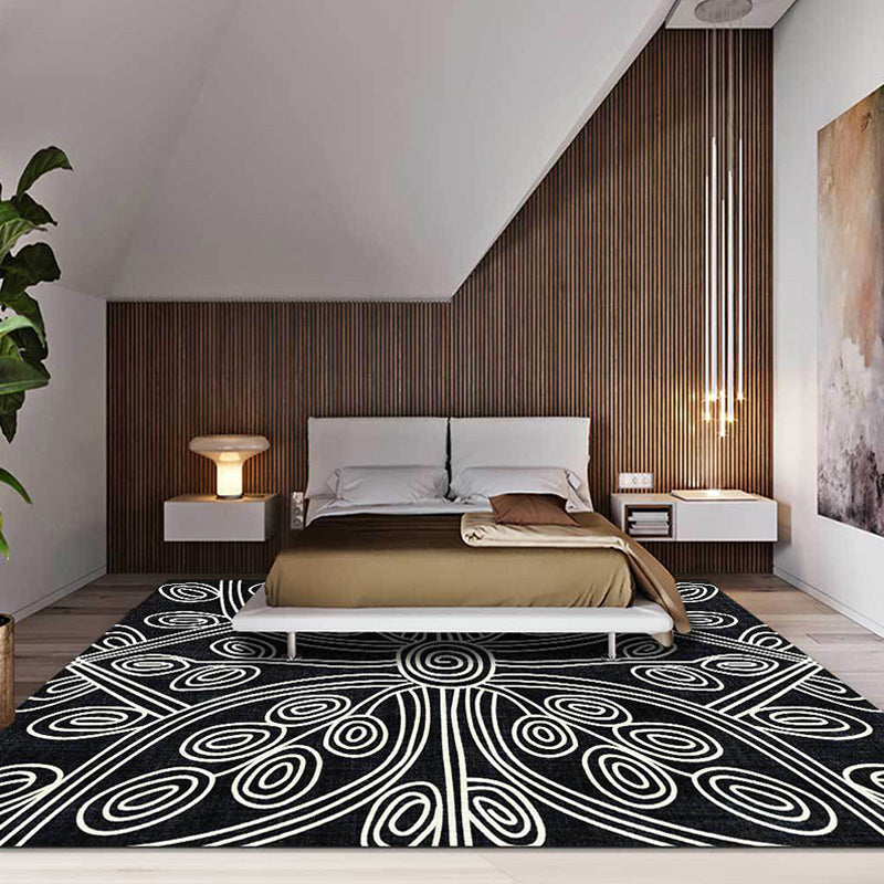 Novelty Living Room Rug in Black Geometric Line Pattern Rug Polyester Washable Non-Slip Back Rug