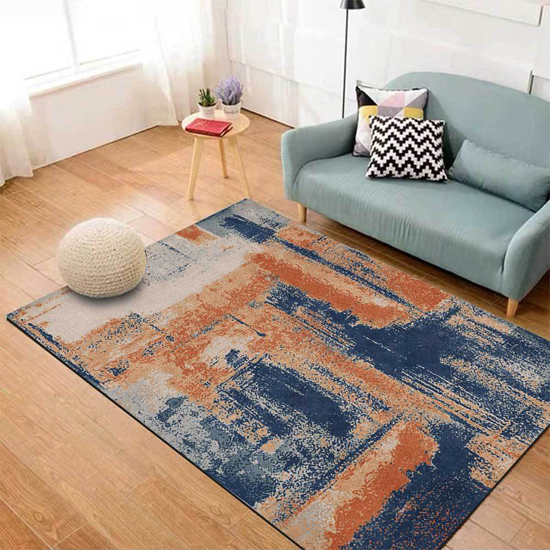 Industry Abstract Carpet Orange and Blue Polyester Rug Machine Washable Non-Slip Area Rug for Bedroom