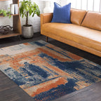 Industry Abstract Carpet Orange and Blue Polyester Rug Machine Washable Non-Slip Area Rug for Bedroom