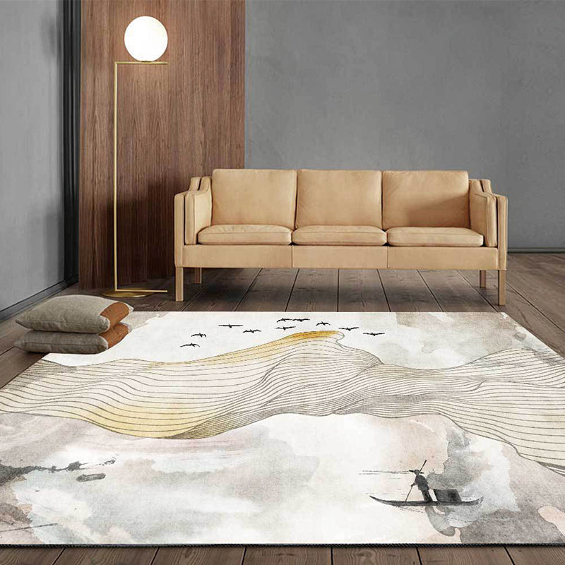 Yellow oriental carpet polyester swirl stripes bird character pattern washable non-slip backing carpet for living room