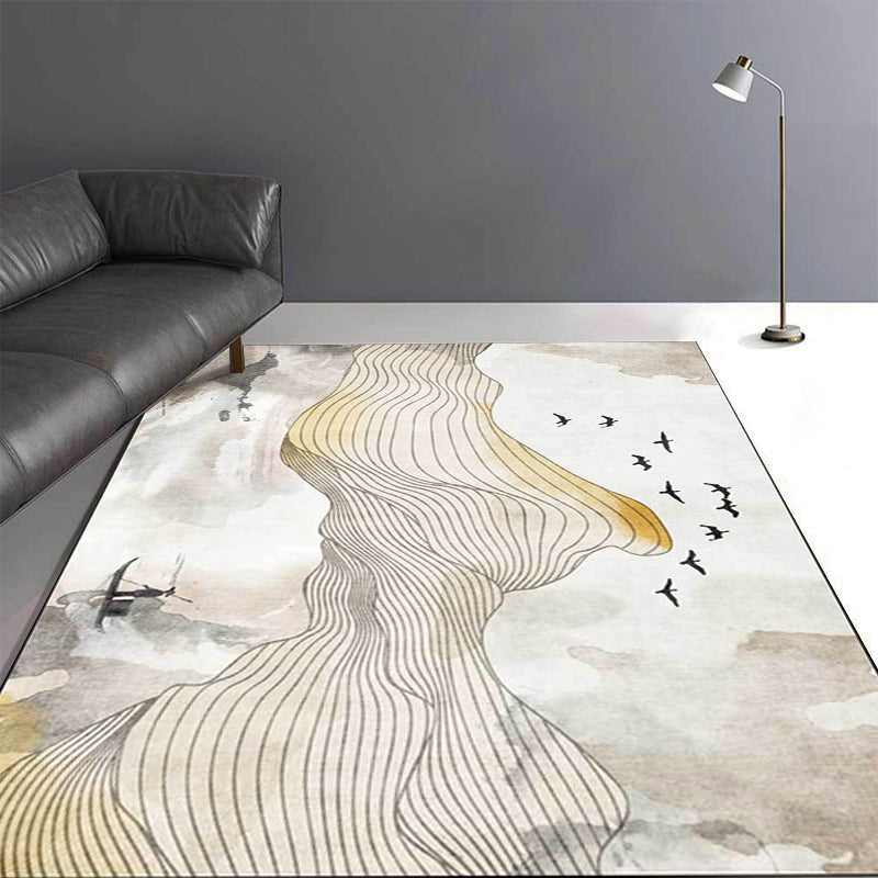 Yellow oriental carpet polyester swirl stripes bird character pattern washable non-slip backing carpet for living room