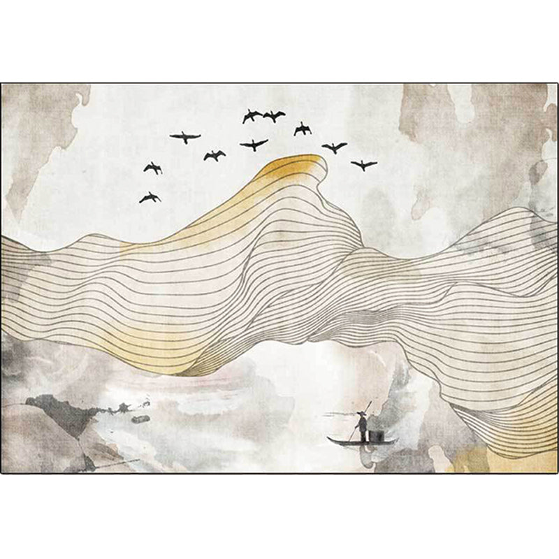 Yellow oriental carpet polyester swirl stripes bird character pattern washable non-slip backing carpet for living room