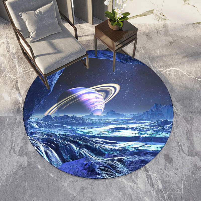 Casual Modern Rug in Blue Outdoor Space Planet Pattern Rug Polyester Pet-Friendly Rug for Home Decor