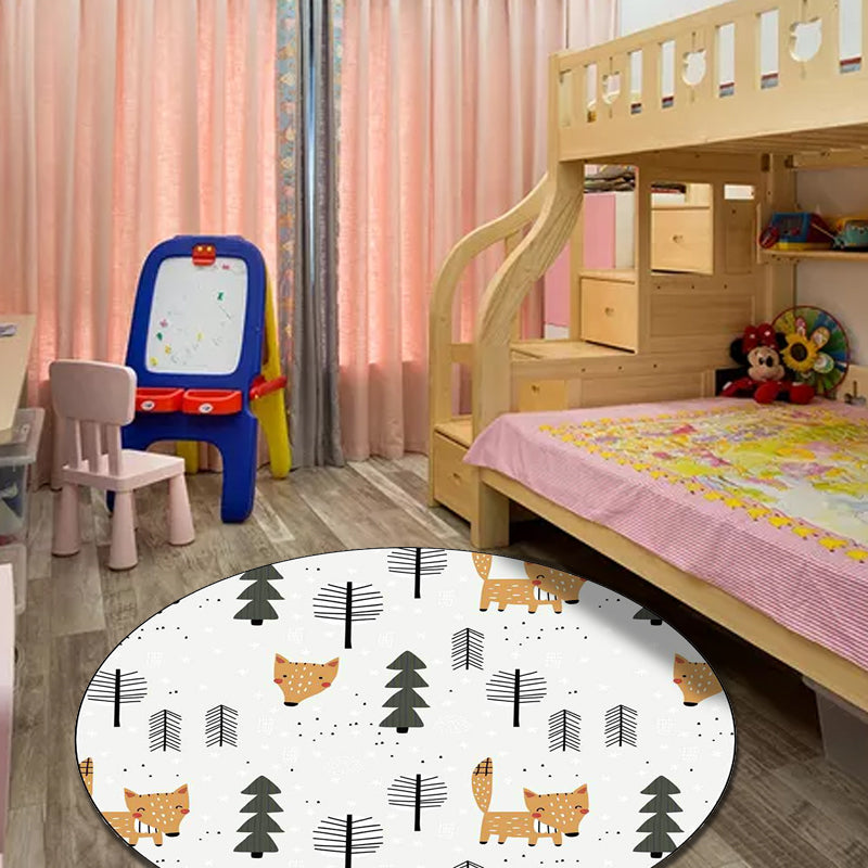 White Children's Room Carpet Kids Animal Fox Tree Pattern Area Rug Polyester Stain Resistant Rug