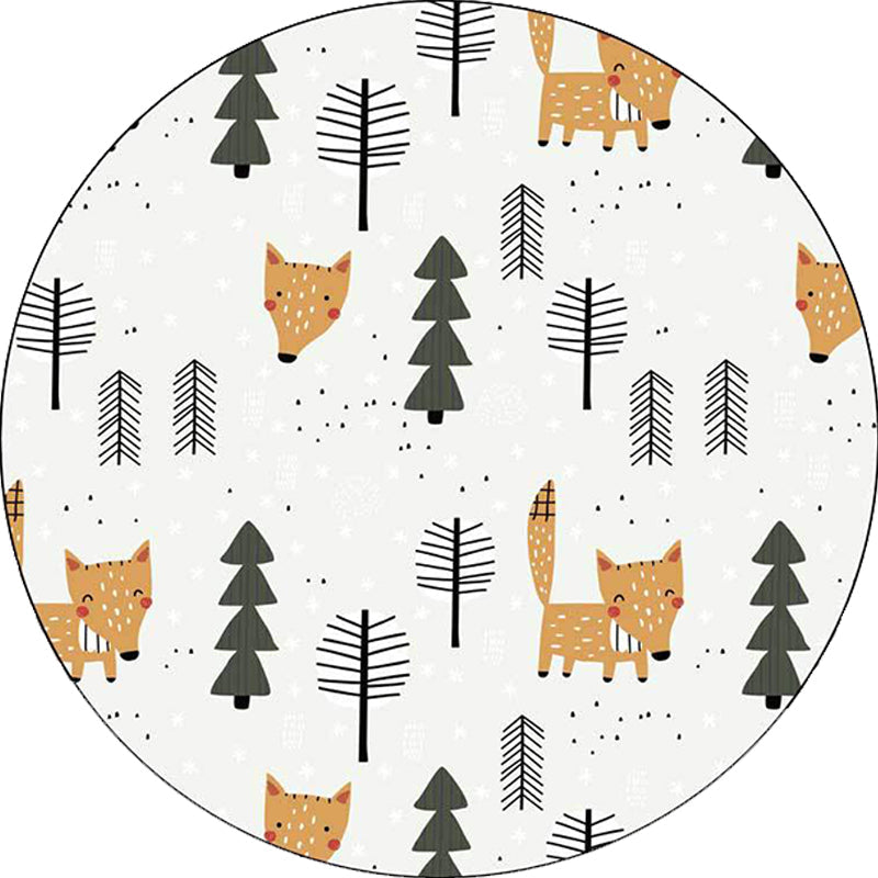White Children's Room Carpet Kids Animal Fox Tree Pattern Area Rug Polyester Stain Resistant Rug