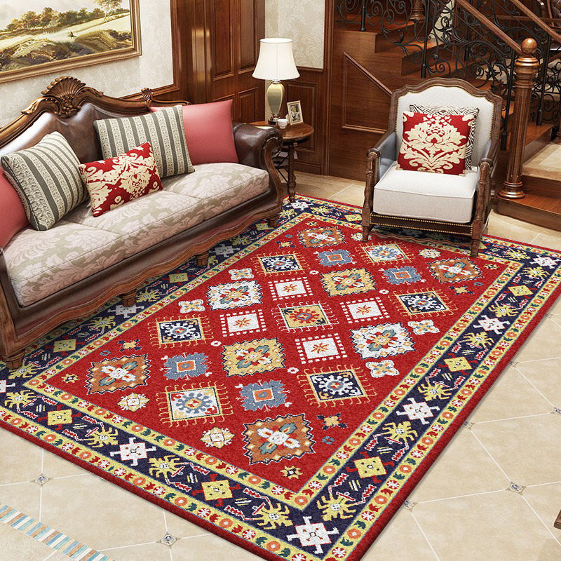 Southwest Living Room Rug in Red Diamond Print Rug Polyester Non-Slip Pet-Friendly Room Rug