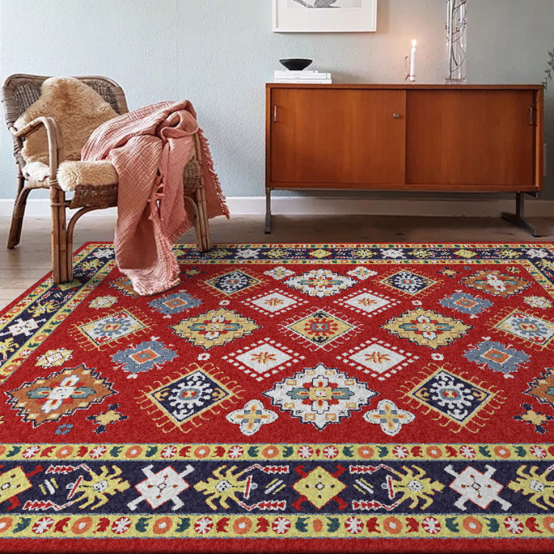 Southwest Living Room Rug in Red Diamond Print Rug Polyester Non-Slip Pet-Friendly Room Rug