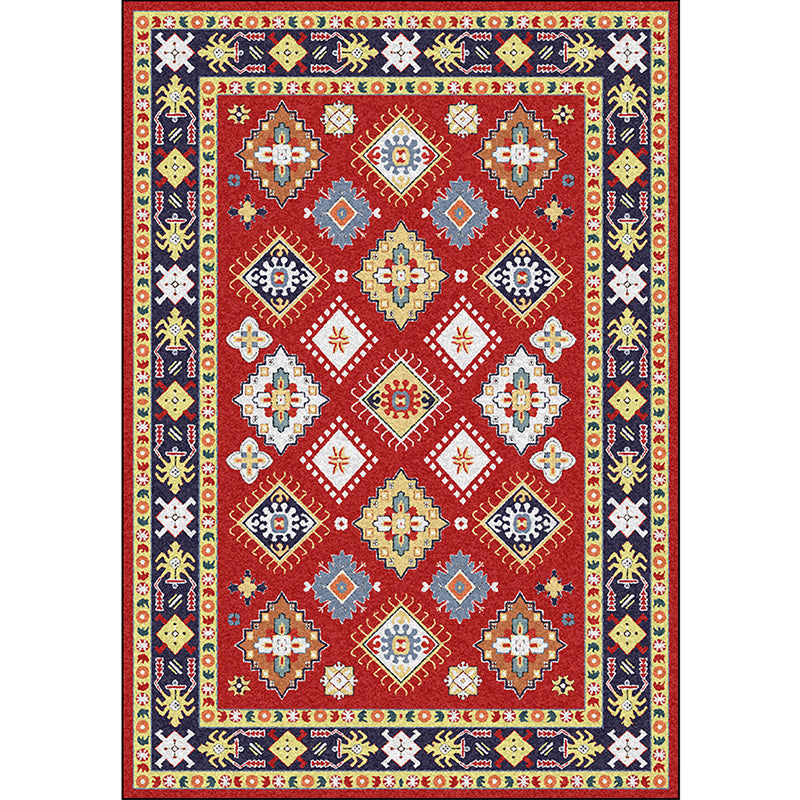 Southwest Living Room Rug in Red Diamond Print Rug Polyester Non-Slip Pet-Friendly Room Rug