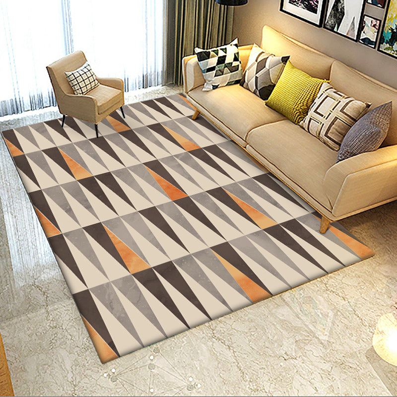 Ivory Bedroom Rug Modern Geometric Triangle Pattern Rug Polyester Stain Resistant Washable Rug