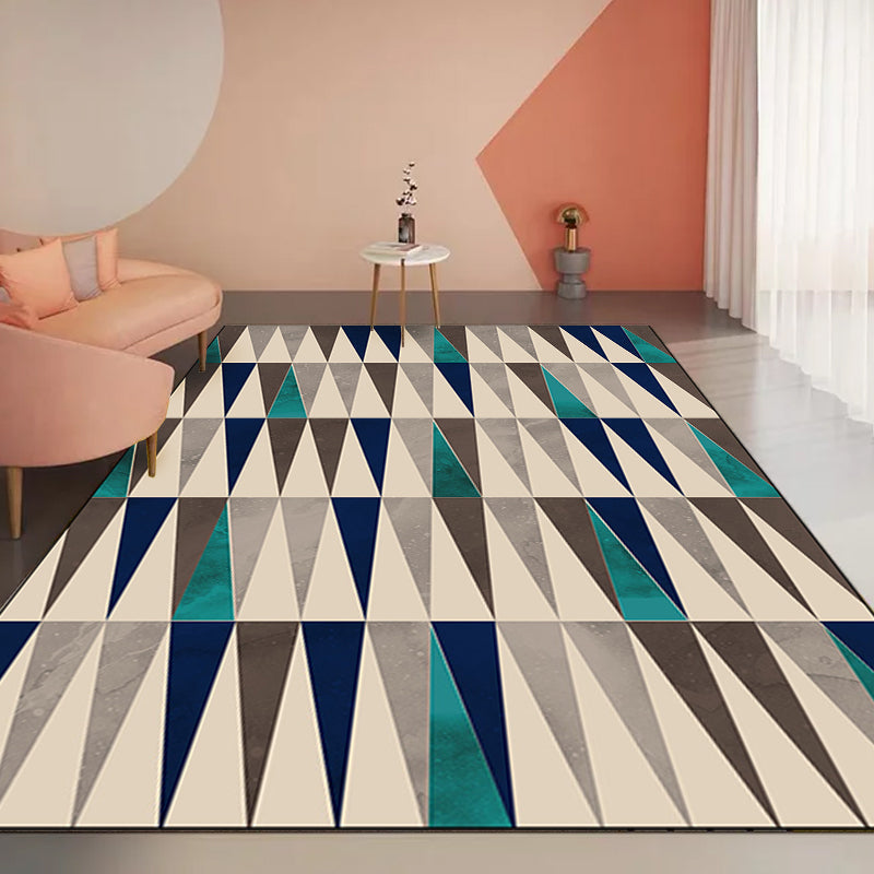 Ivory Bedroom Rug Modern Geometric Triangle Pattern Rug Polyester Stain Resistant Washable Rug
