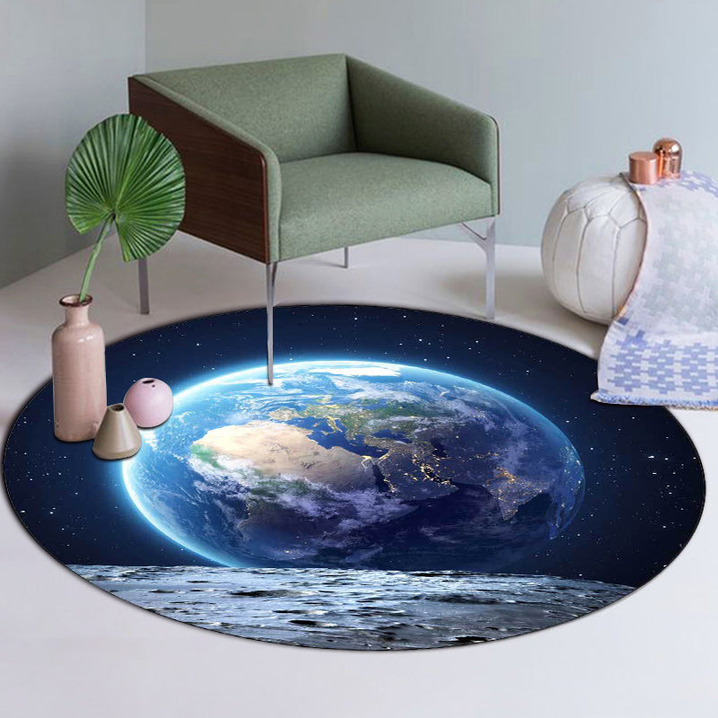 Scandinavian Modern Rug in Blue Outdoor Space Earth Pattern Rug Polyester Stain Resistant Rug for Home Decor