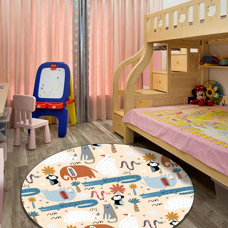 Ivory Kids Room Rug Kids Animal Elephant Monkey Crocodile Pattern Rug Polyester Pet-Friendly Rug