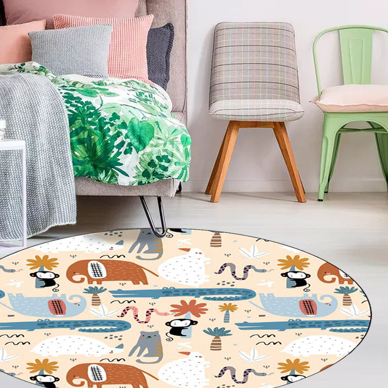 Ivory Kids Room Rug Kids Animal Elephant Monkey Crocodile Pattern Rug Polyester Pet-Friendly Rug