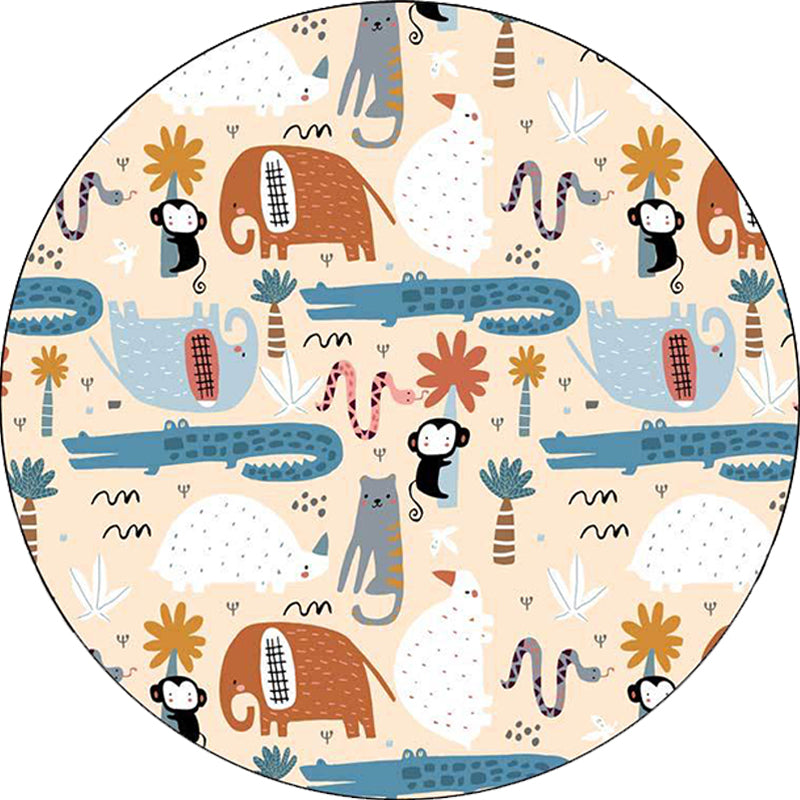 Ivory Kids Room Rug Kids Animal Elephant Monkey Crocodile Pattern Rug Polyester Pet-Friendly Rug