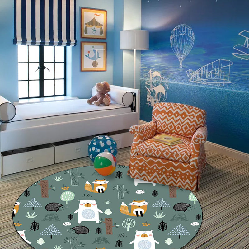 Kids Bedroom Rug in green animal fox bear tree print rug polyester pet-friendly area rug
