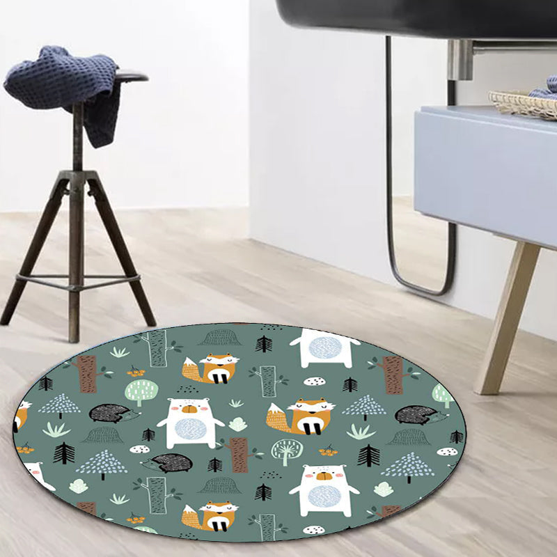 Kids Bedroom Rug in green animal fox bear tree print rug polyester pet-friendly area rug