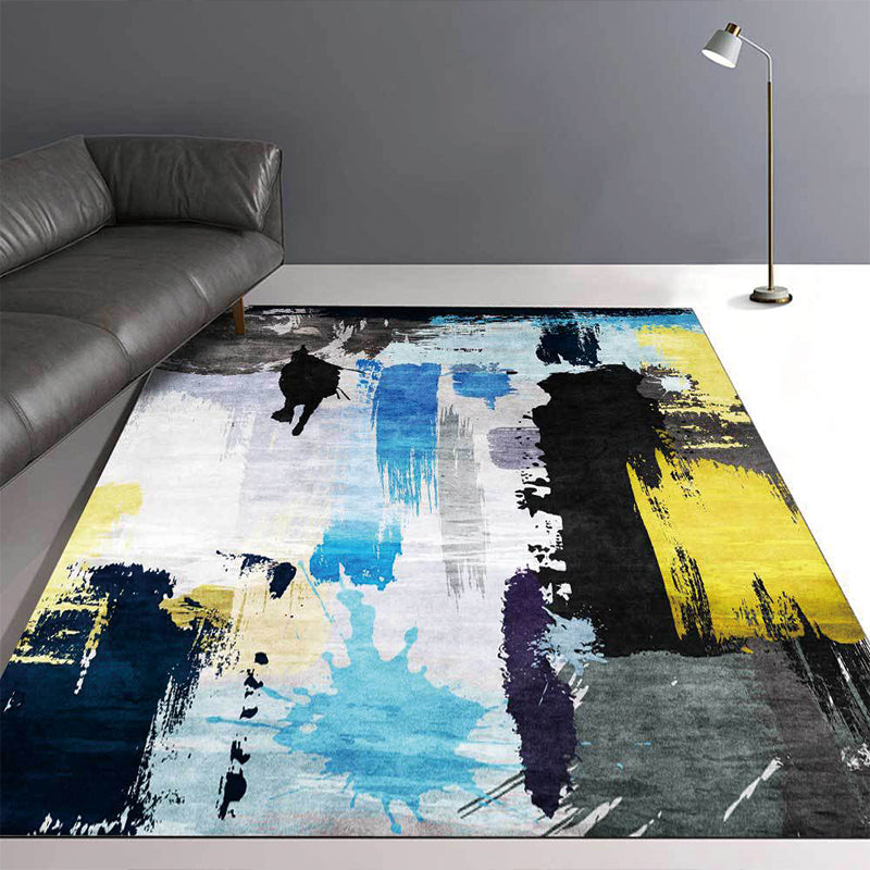 Contemporary brush stroke pattern rug black multicolored polyester rug machine washable non-slip rug for the bedroom