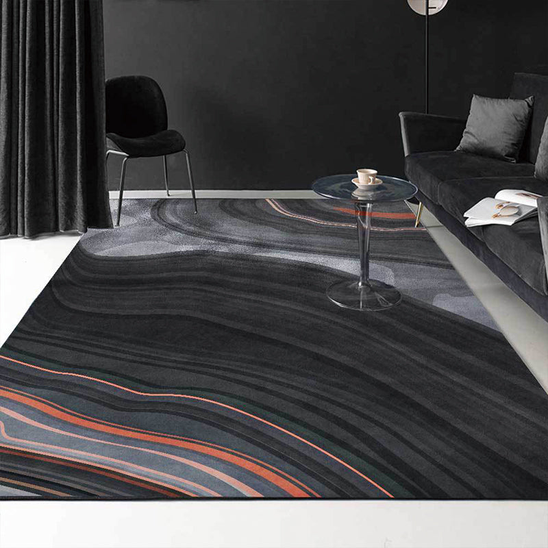 Black and gray modern carpet made of polyester with swirl stripe pattern washable non-slip backing carpet for the living room