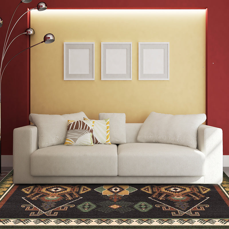 Black Bedroom Rug Southwestern Tribal Pattern Area Rug Polyester Pet-Friendly Rug