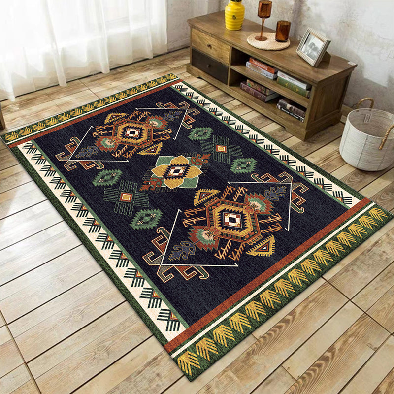 Black Bedroom Rug Southwestern Tribal Pattern Area Rug Polyester Pet-Friendly Rug