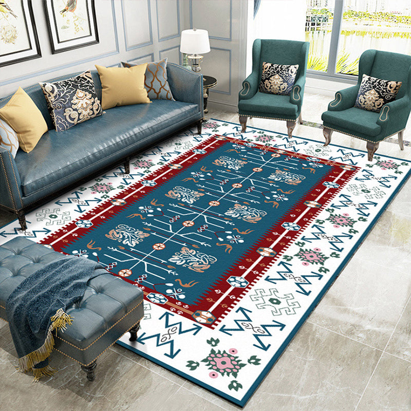 White Bedroom Rug Southwestern Tribal Leaf Pattern Area Rug Polyester Stain Resistant Non-Slip Doormat
