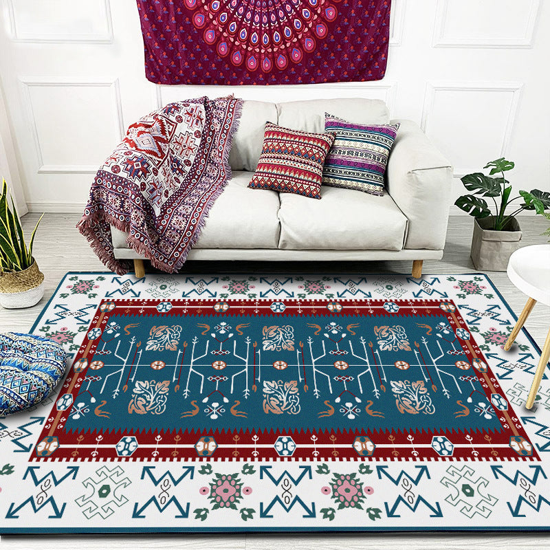 White Bedroom Rug Southwestern Tribal Leaf Pattern Area Rug Polyester Stain Resistant Non-Slip Doormat