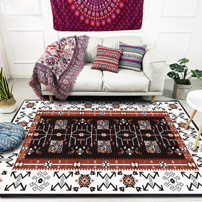 White Bedroom Rug Southwestern Tribal Leaf Pattern Area Rug Polyester Stain Resistant Non-Slip Doormat
