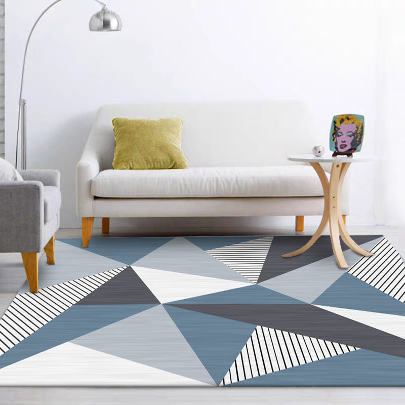 Modern living room rug in gray and blue color block triangle stripe print rug polyester stain-resistant rug