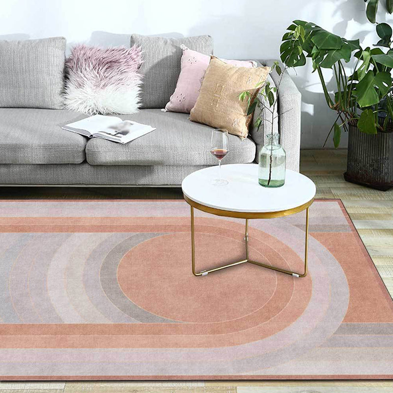 Pink Bedroom Rug Novelty Color Block Arc Circle Pattern Area Rug Polyester Non-Slip Back Stain Resistant Rug