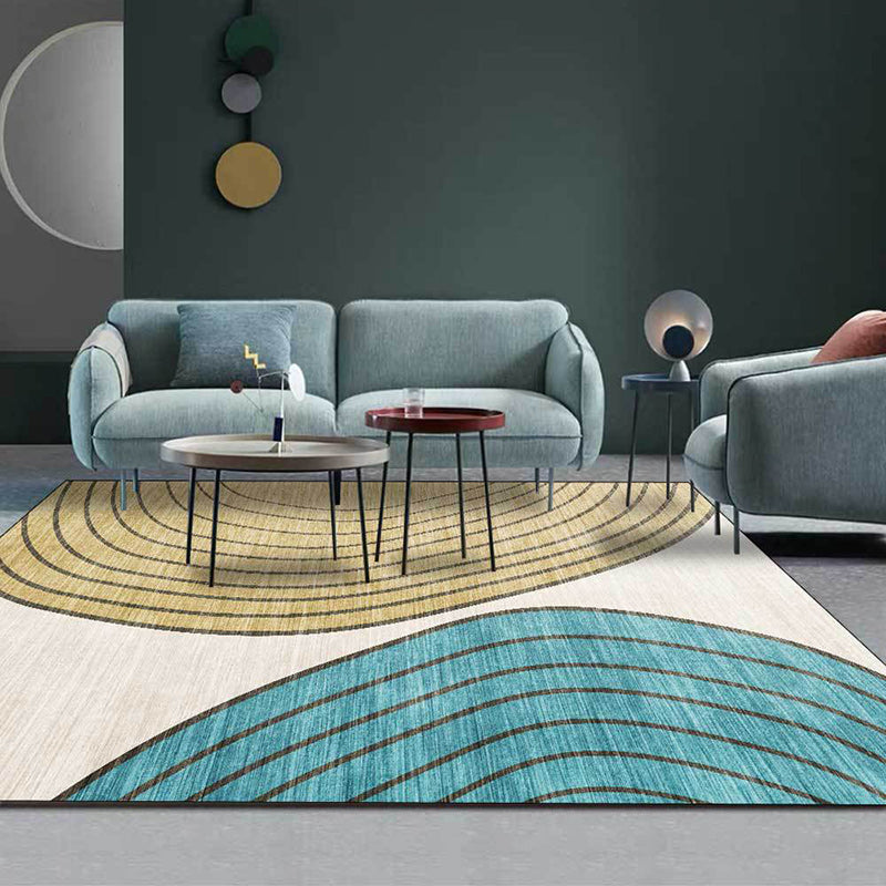 Novelty Living Room Carpet in Ivory and Yellow Color Block Stripe Print Carpet Polyester Non-Slip Bedroom Rug