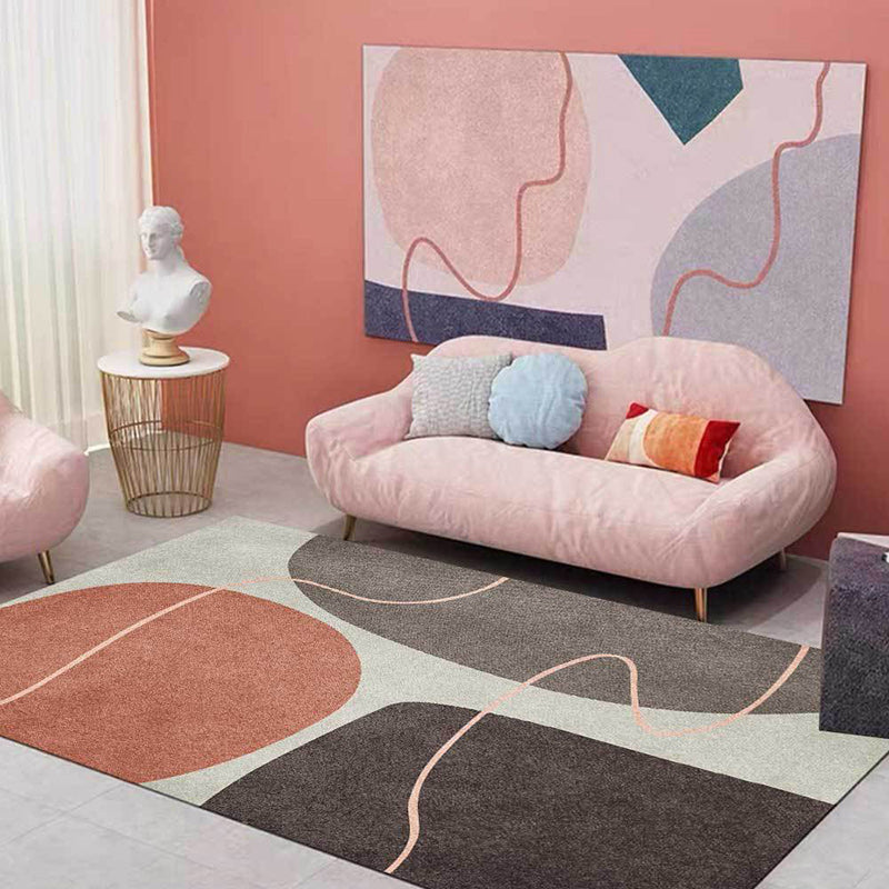 Novelty Living Room Carpet in Brown Color Block Line Print Carpet Polyester Washable Non-Slip Back Floor Mat