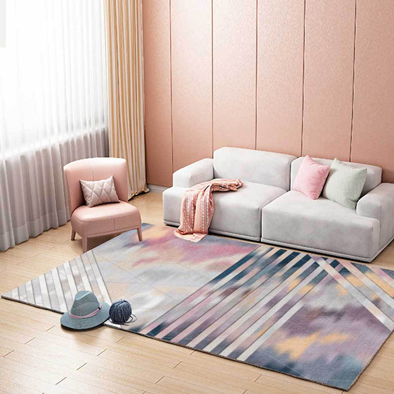 Pink Bedroom Rug Novelty Geometric Stripe Pattern Area Rug Polyester Pet Friendly Non-Slip Rug