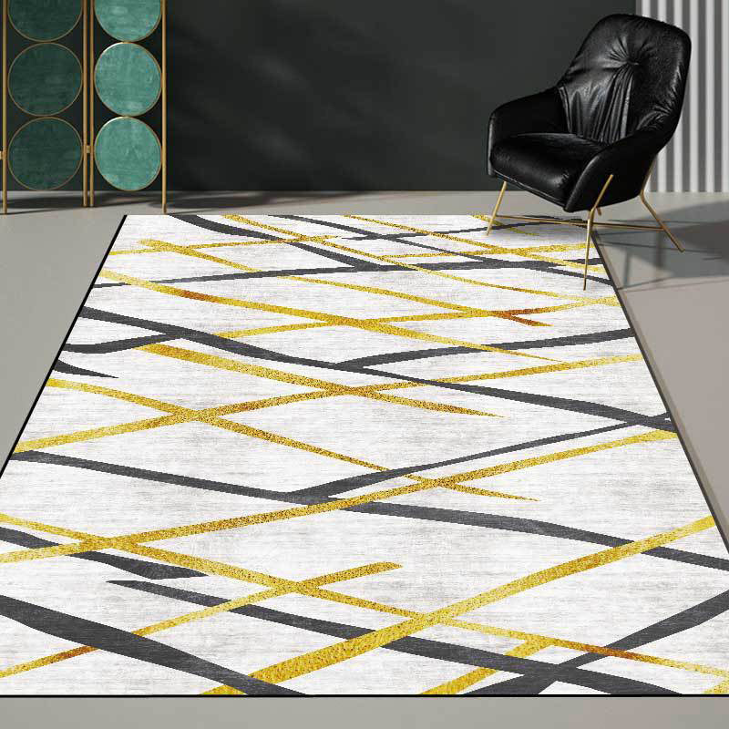 Novelty Living Room Carpet in White Geometric Lines Pattern Carpet Polyester Pet-Friendly Stain Resistant Washable Carpet