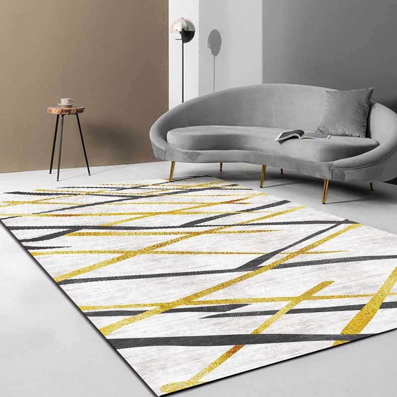 Novelty Living Room Carpet in White Geometric Lines Pattern Carpet Polyester Pet-Friendly Stain Resistant Washable Carpet