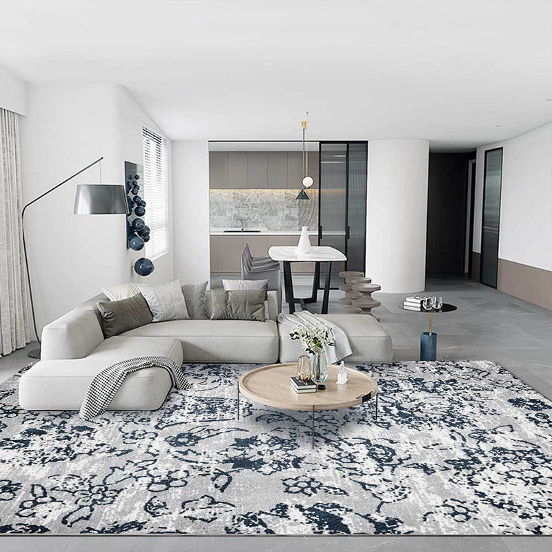 Gray Shabby Chic Rug Polyester Floral Pattern Rug Machine Washable Non-Slip Backing Rug for the Living Room