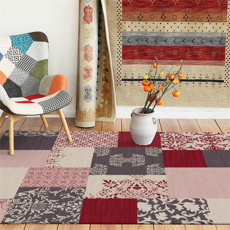 Shabby Chic Paisley Pattern Rug Pink and Red Polyester Rug Machine Washable Non-Slip Back Area Rug for Living Room