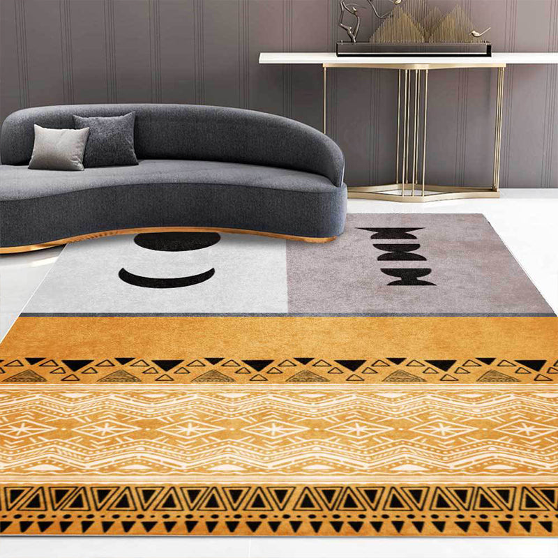 Funky Tribal Print Carpet Yellow Vintage Carpet Polyester Machine Washable Anti-Slip Rug for Bedroom