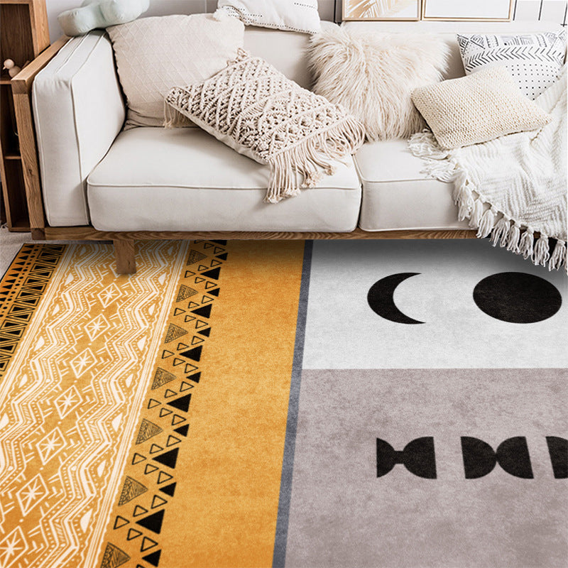 Funky Tribal Print Carpet Yellow Vintage Carpet Polyester Machine Washable Anti-Slip Rug for Bedroom