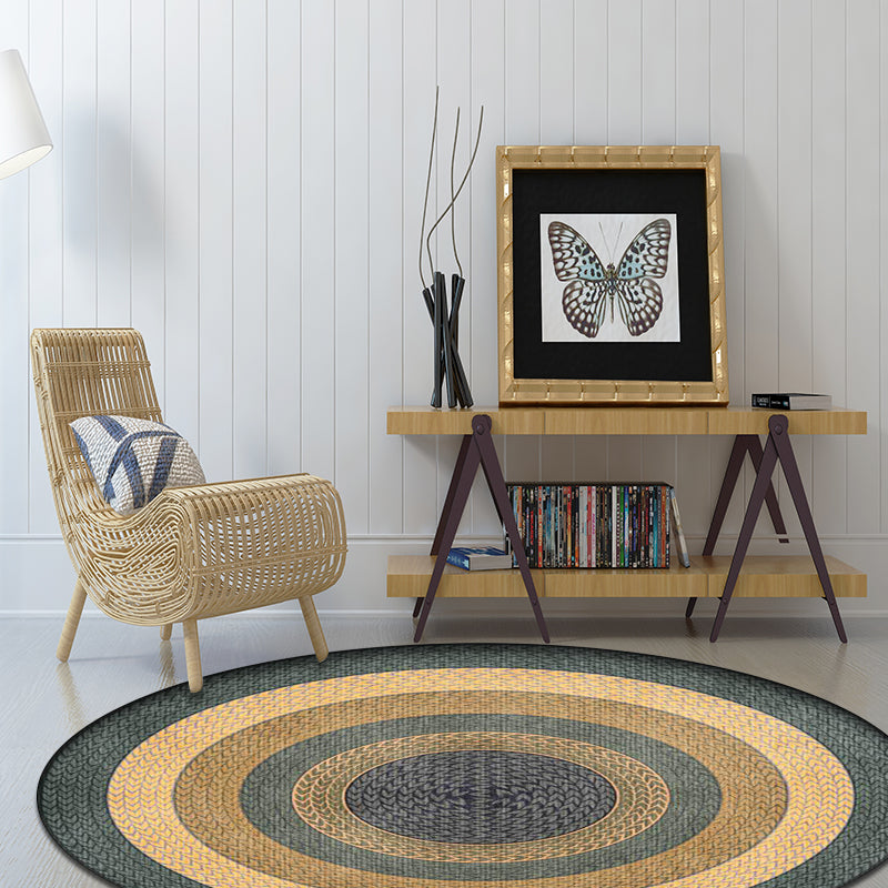 Rustic Concentric Circles Pattern Carpet Yellow and Green Polyester Carpet Machine Washable Non-Slip Carpet for Living Room