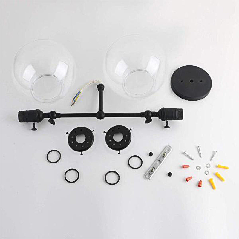Round Living Room Wall Light Industrial Clear Glass 2-Lamp Black/Brass Wall Lamp for the Office