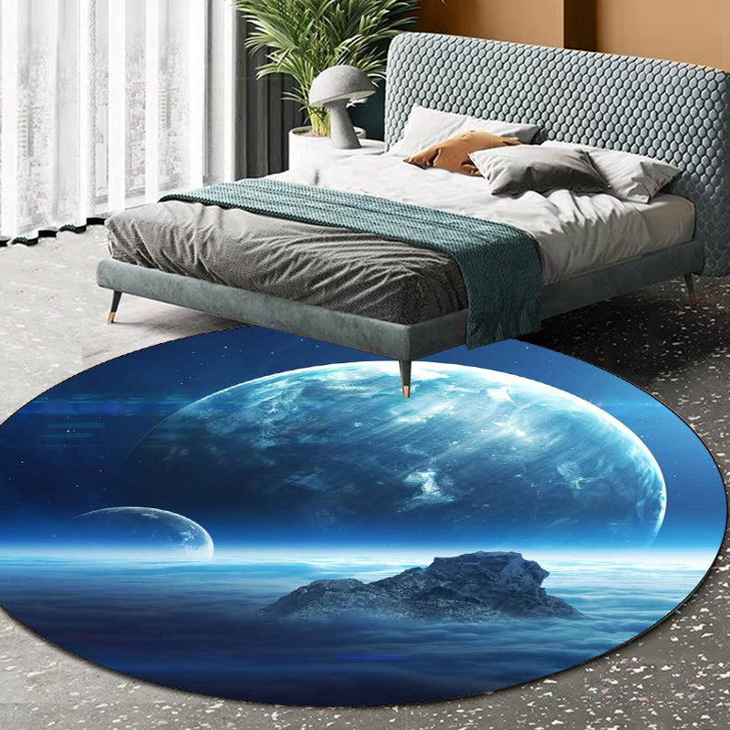 Contemporary modern rug in blue space planet pattern rug polyester pet-friendly rug for home decor