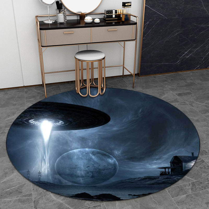 Blue Bedroom Rug Modern Outer Space Spaceship Pattern Rug Polyester Machine Washable Rug