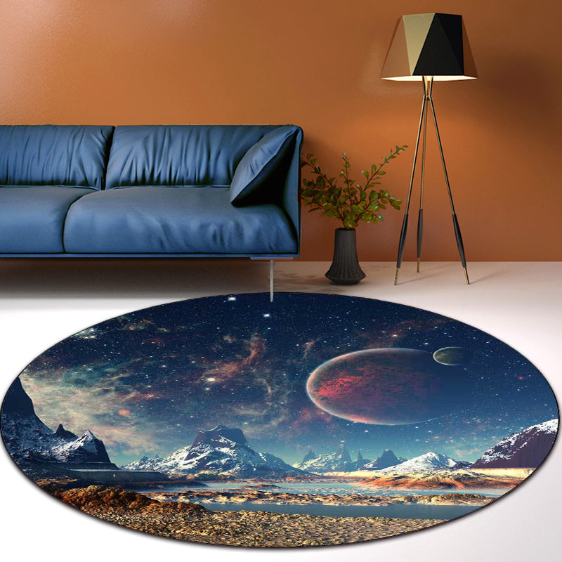 Blue Bedroom Rug Modern Space Galaxy Planet Pattern Rug Polyester Washable Non-Slip Rug