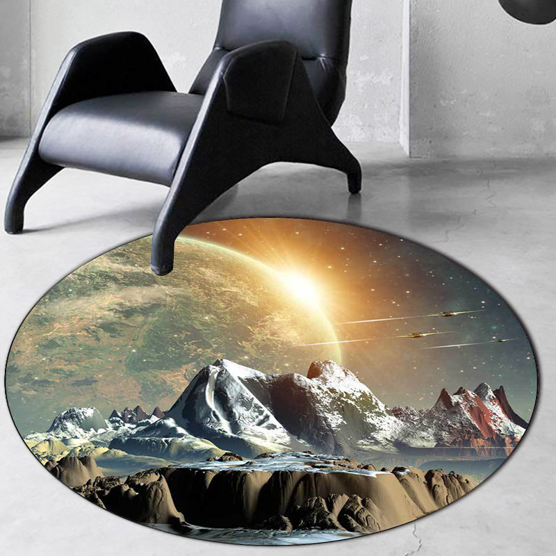 Modern living room rug in orange space planet mountain print rug polyester machine washable rug